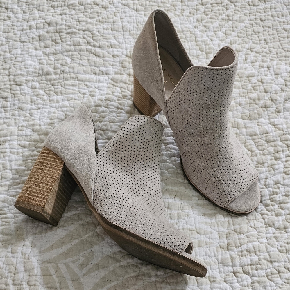 Cole Haan Suede Open Toe Booties Slip-On Taupe Perforated